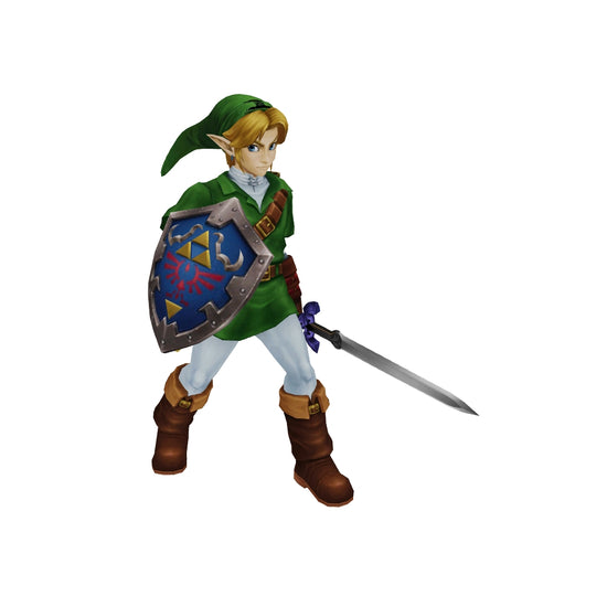Link from The Legend of Zelda standing, holding a sword and shield.