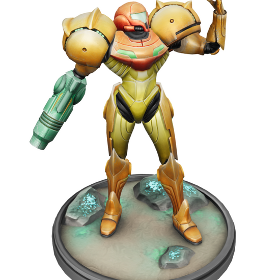Samus from Metroid in dramatic pose holding and open left hand in the air.