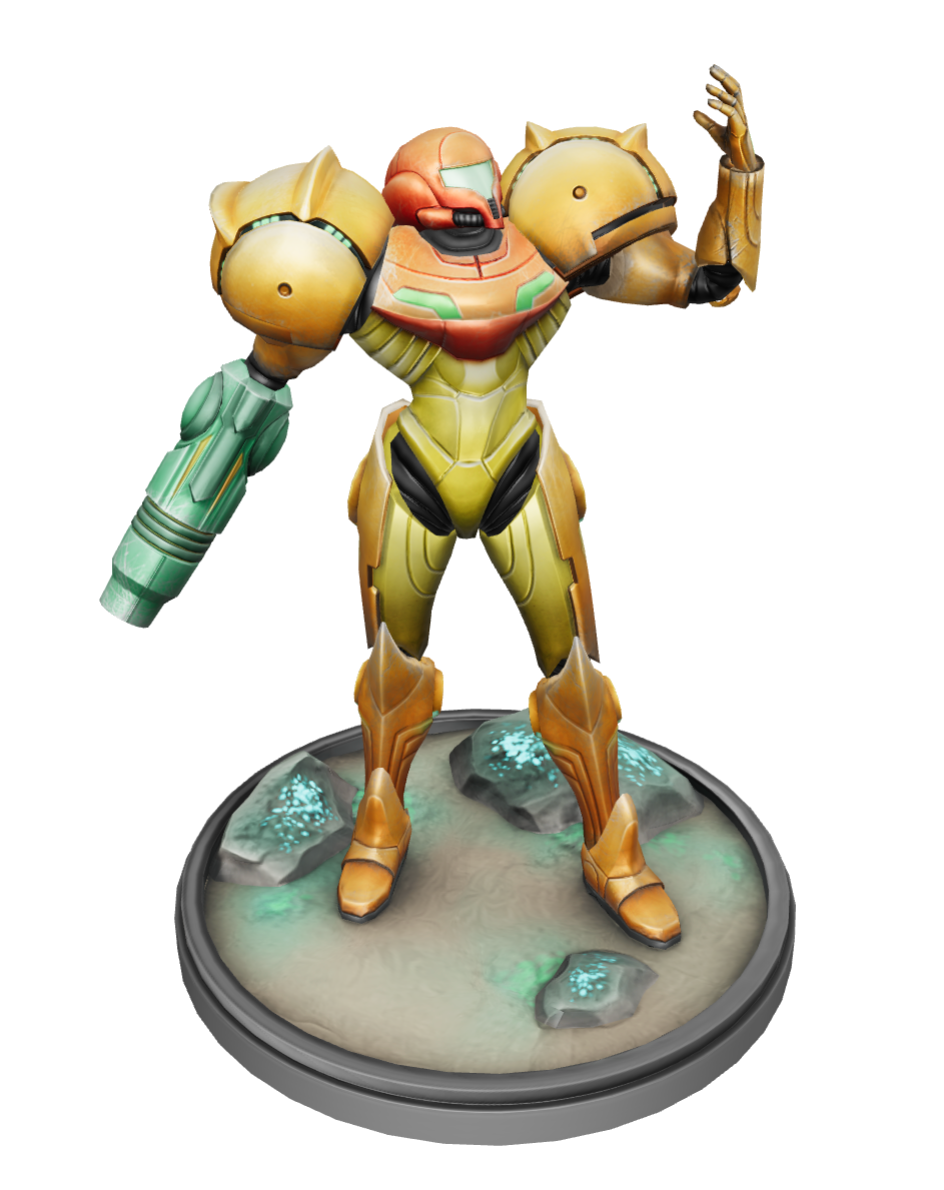 Samus from Metroid in dramatic pose holding and open left hand in the air.